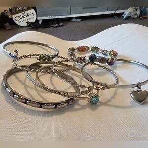 Silver and Multicolor Bracelet Set 8 Bangles Peacock, Heart Charm, Blue Topaz